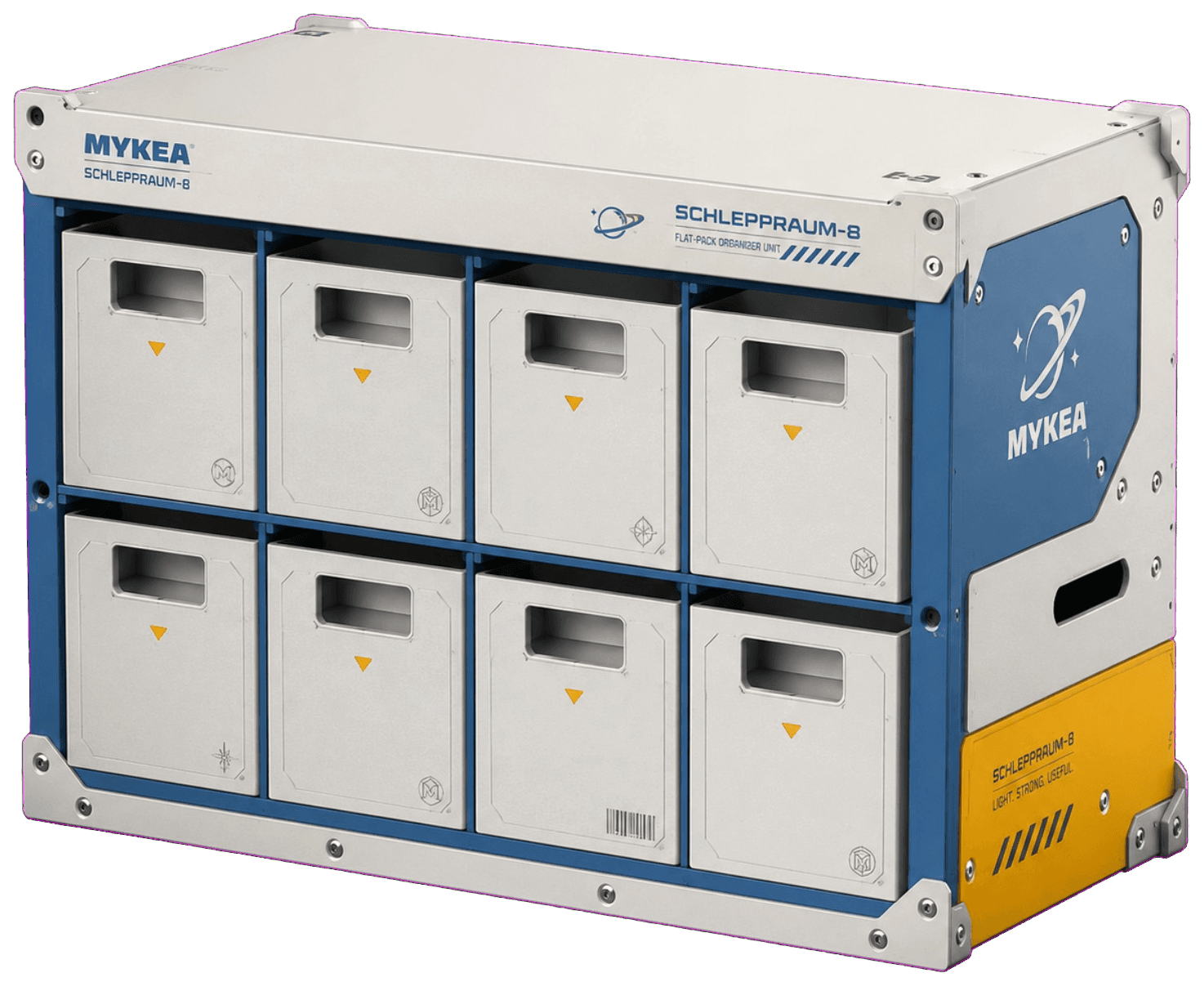 White-and-blue MYKEA industrial flat-pack container with eight drawers