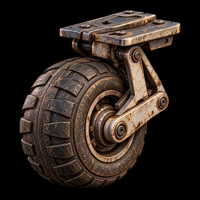 Rebuilt heavy-duty wheel with a deep-treaded rubber tire, riveted steel hub plates and a pinned swivel mounting plate, rust-streaked and work-worn